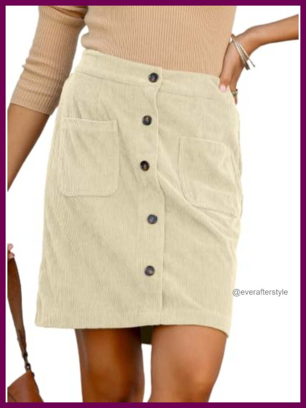Sidefeel Corduroy Skirt High Waist Knee Length Flush Pockets